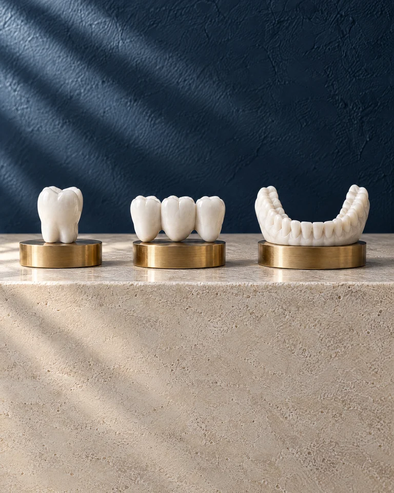 Illustration of three ceramic forms: one tooth, a bridge, a full arch