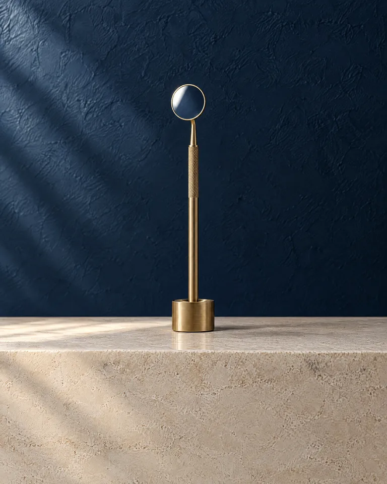 Illustration of a dental mirror on a brass stand
